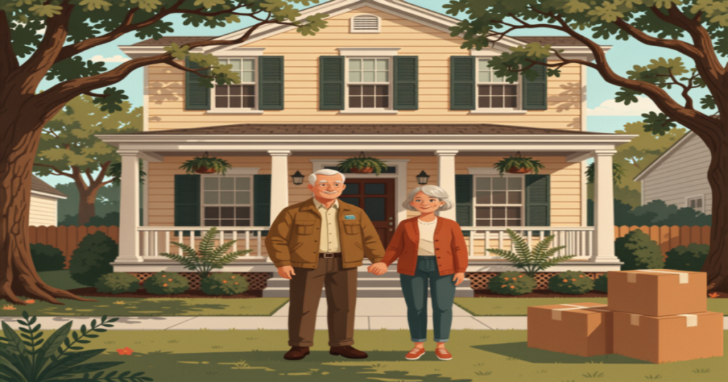 Baton Rouge VA funding fee illustration of a veteran couple in front of their new Louisiana home