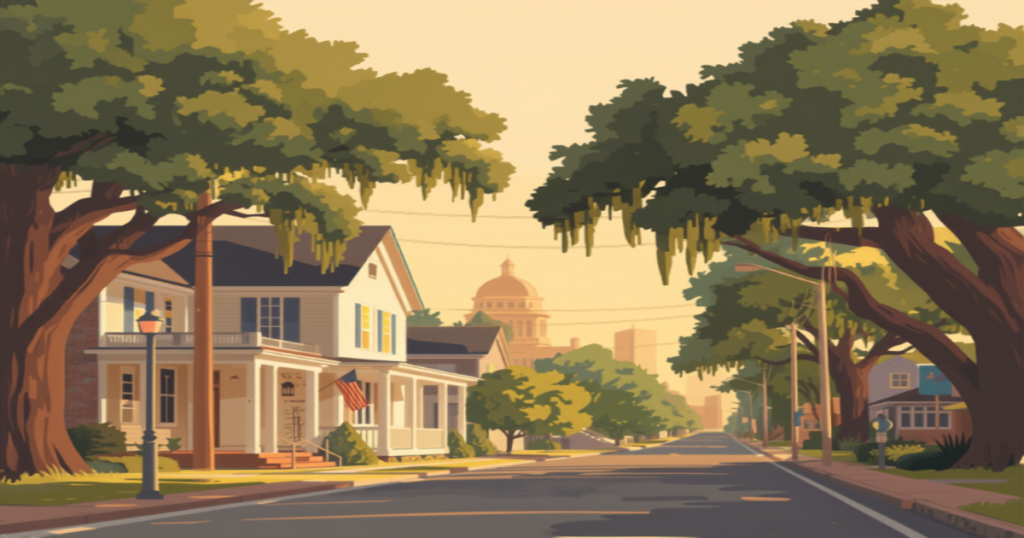 Baton Rouge VA home loans illustration of a live oak lined Baton Rouge street with a Southern style home and American flag