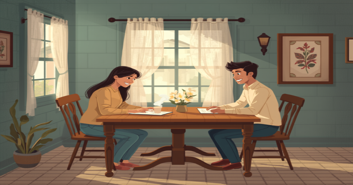 FHA pre-approval illustration of a renter and mortgage advisor reviewing paperwork at a kitchen table