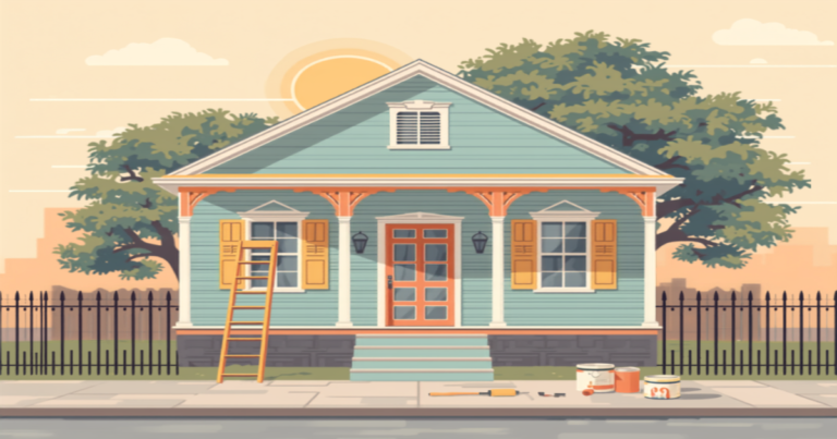 New Orleans FHA 203k loans illustration of a shotgun style house being renovated with a ladder and paint cans