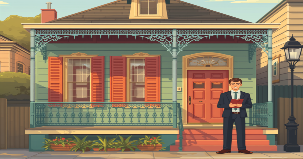 New Orleans FHA appraisal illustration of a historic shotgun house with an appraiser reviewing the property