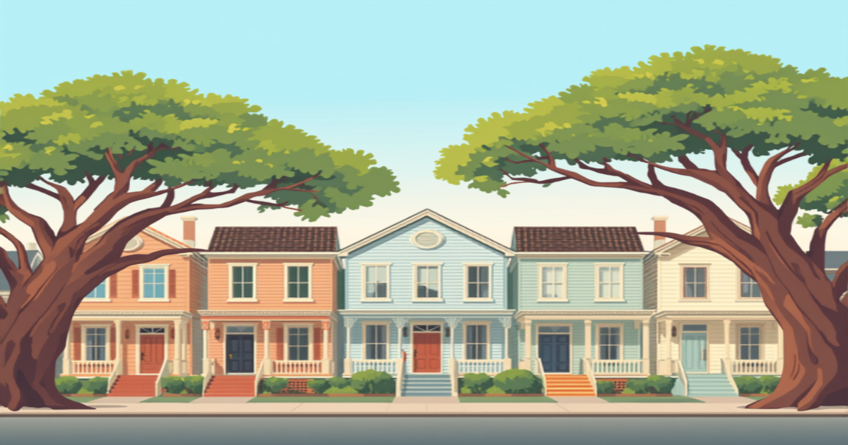 New Orleans FHA home loans illustration of colorful raised homes on a live oak lined street