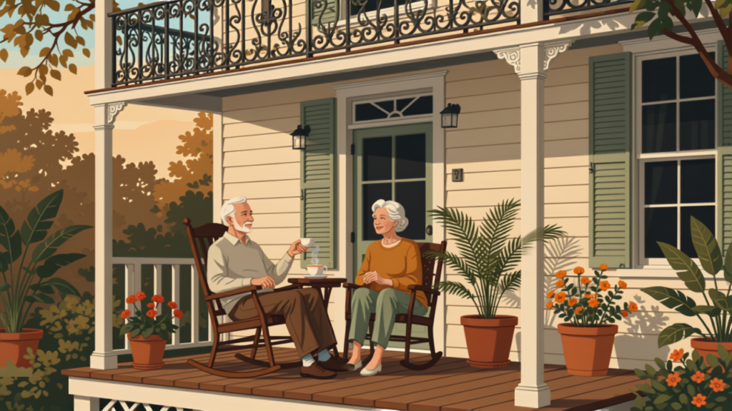New Orleans LA reverse mortgage loans help a retired homeowner couple relax on their porch