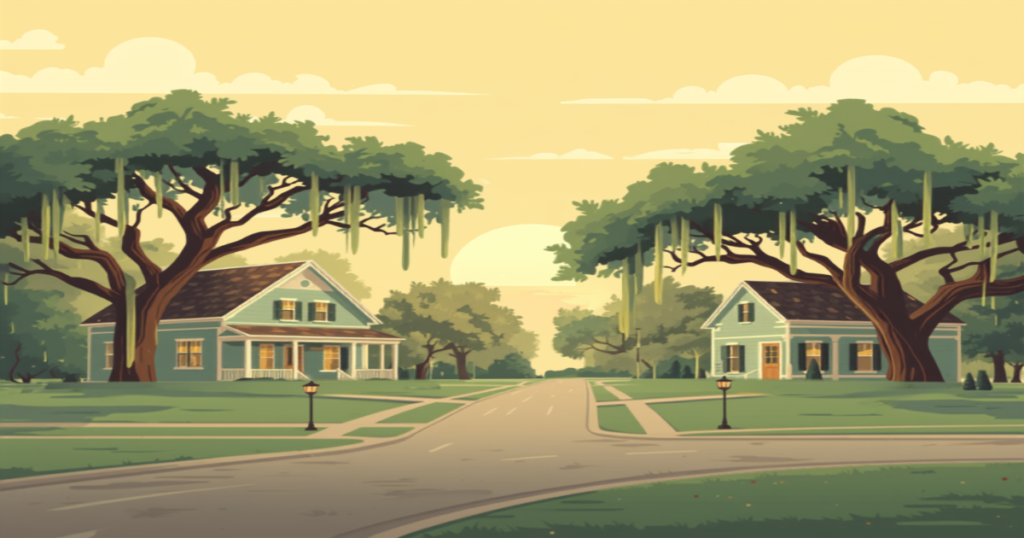 New Orleans USDA home loans illustration of a quiet suburban Louisiana street with live oak trees and single family homes at sunrise