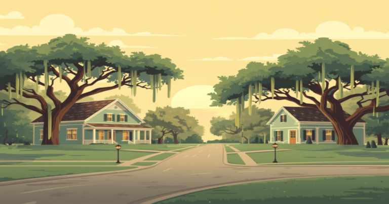New Orleans USDA home loans illustration of a quiet suburban Louisiana street with live oak trees and single family homes at sunrise