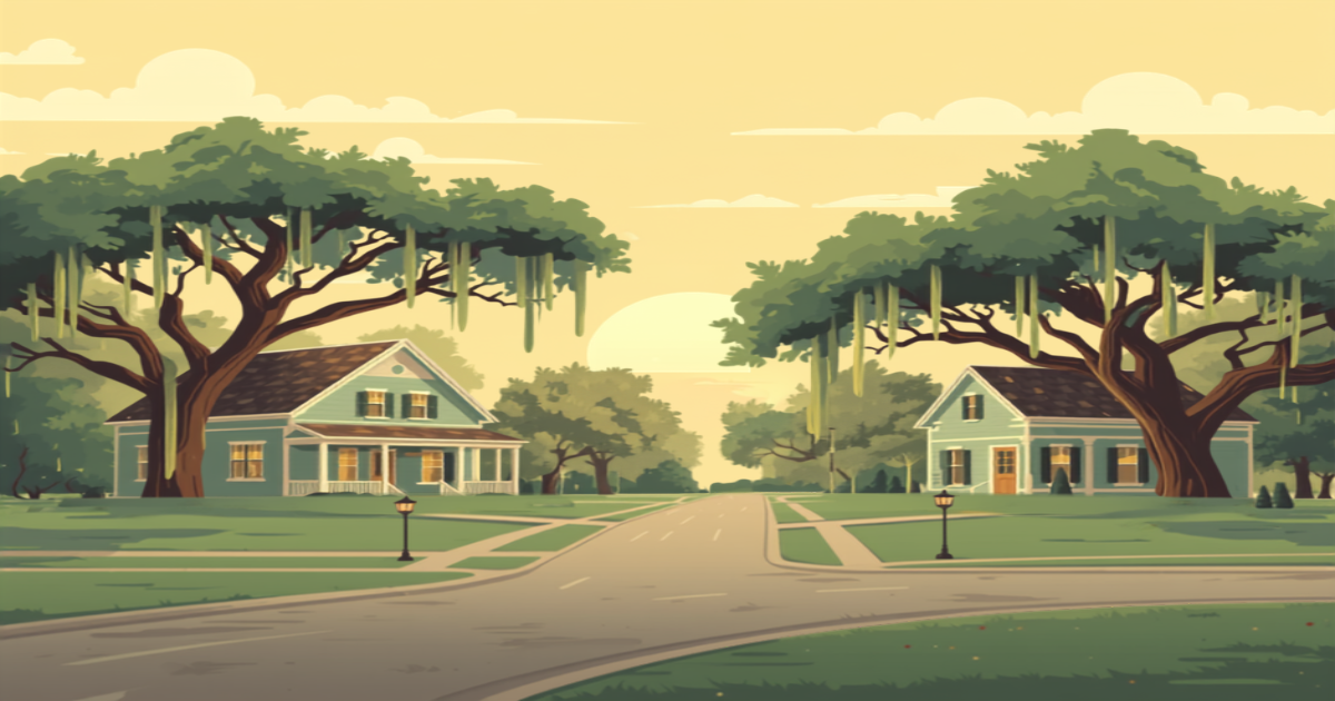 New Orleans USDA home loans illustration of a quiet suburban Louisiana street with live oak trees and single family homes at sunrise