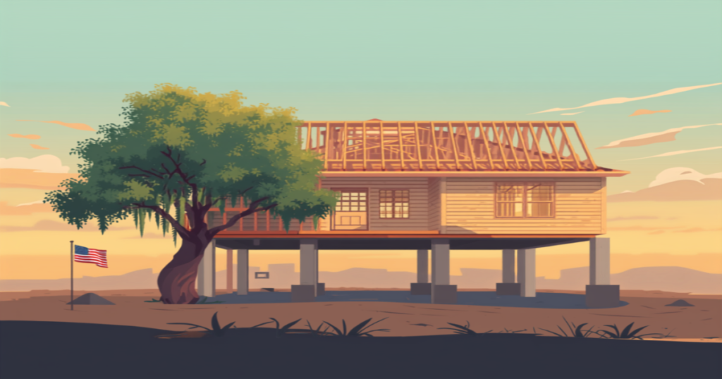 New Orleans VA construction loans illustration of a new elevated home being built on pilings beside a live oak