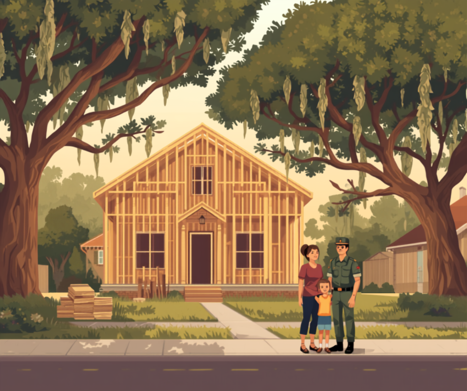 Baton Rouge VA OTC construction loan eligibility illustration of a veteran family in front of a new home under construction