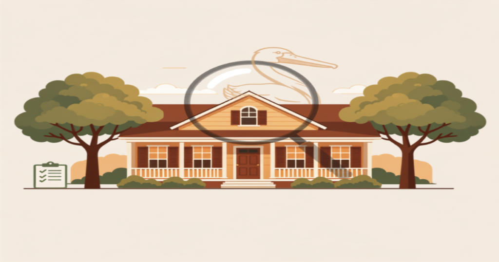 Baton Rouge FHA appraisal illustration of a Louisiana home with a magnifying glass inspection motif