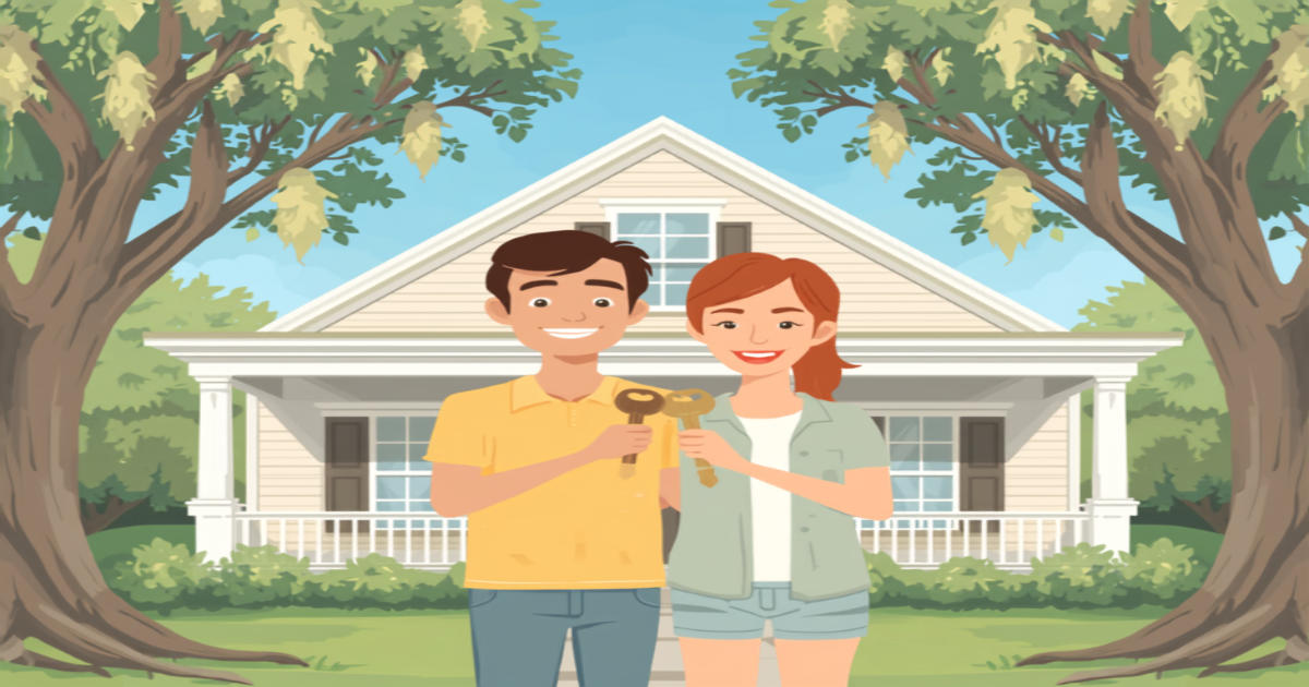 Baton Rouge FHA closing costs illustration of a couple holding house keys in front of a southern home with oak trees and Spanish moss