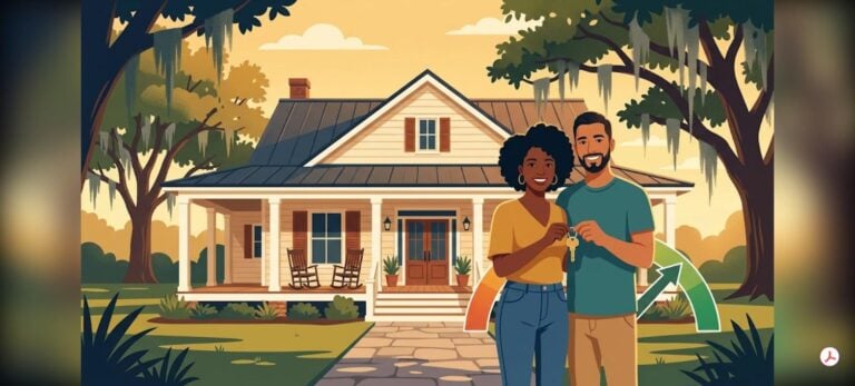 Illustration of a Baton Rouge Louisiana couple holding house keys in front of a home, representing Baton Rouge FHA credit score qualification