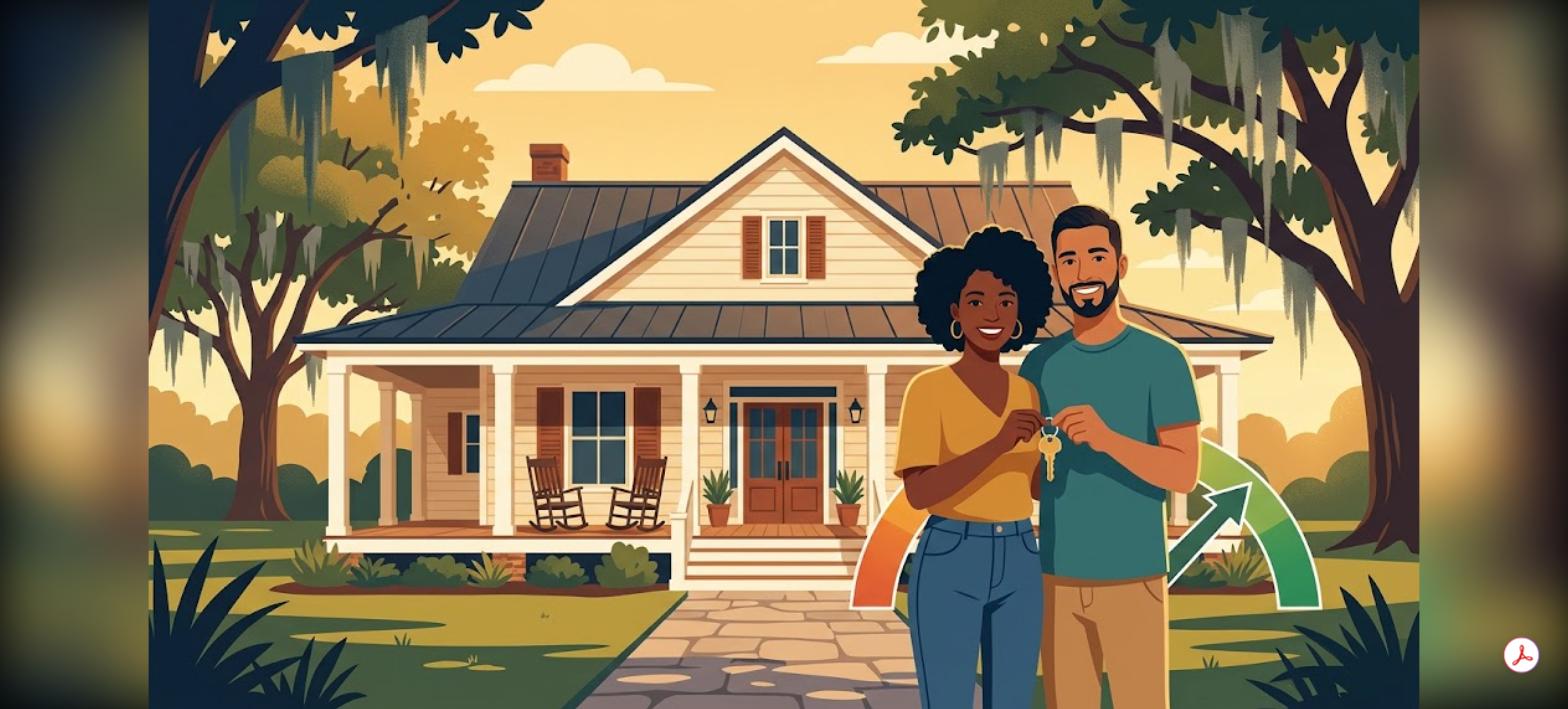 Illustration of a Baton Rouge Louisiana couple holding house keys in front of a home, representing Baton Rouge FHA credit score qualification