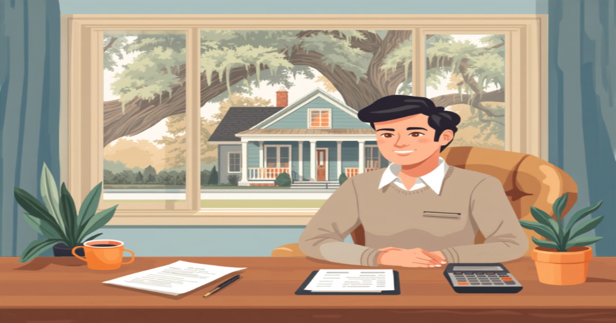 Baton Rouge FHA DTI illustration of a homebuyer reviewing budget paperwork with a Louisiana raised cottage visible through the window