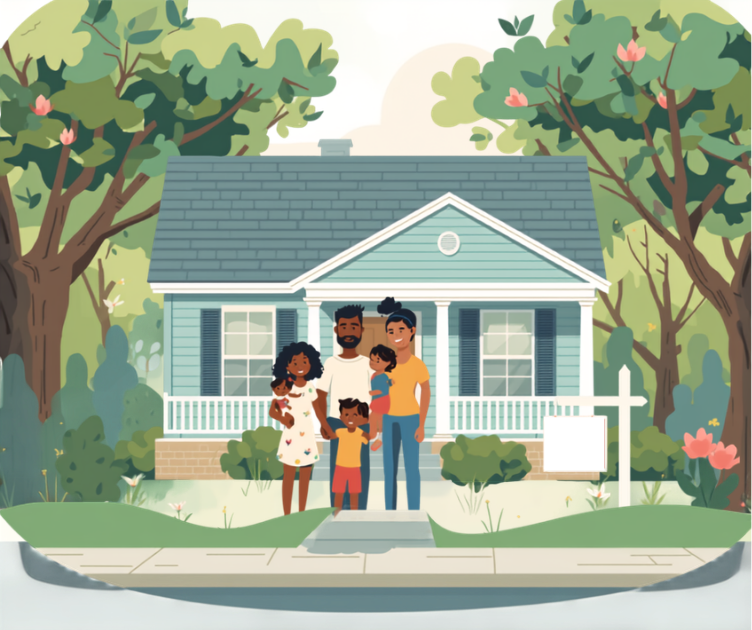 Baton Rouge USDA income limits illustration of a family in front of a suburban home