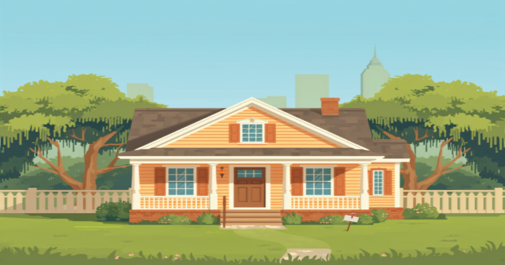 Baton Rouge VA closing costs illustration of a craftsman style home with oak trees and Spanish moss