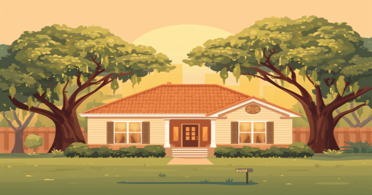 Baton Rouge VA home loans illustration of a single-family home with oak trees at sunset