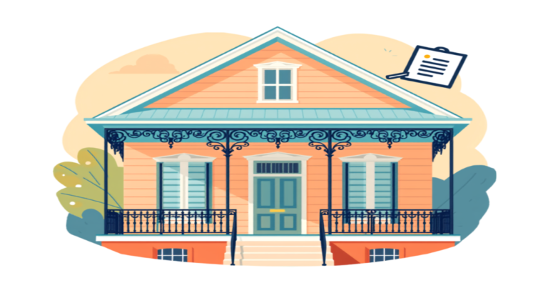 FHA appraisal New Orleans illustration of a raised shotgun house with appraisal clipboard icon