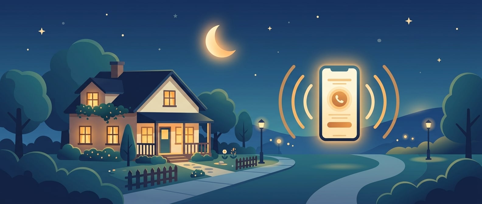 24/7 mortgage prequalification hotline illustration of a glowing phone and moonlit home representing round the clock availability