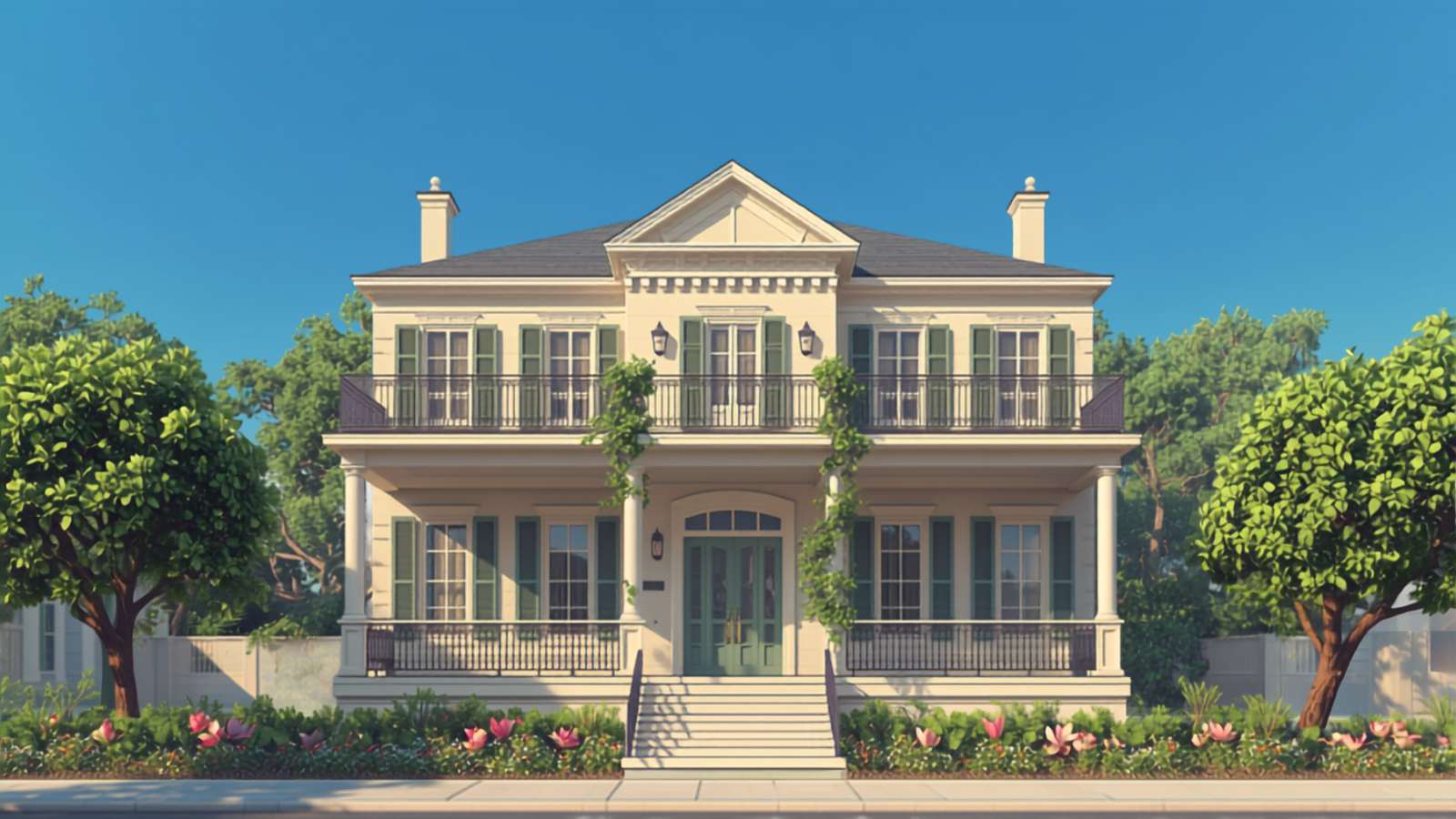 Illustration of a New Orleans style new construction home built with a New Orleans VA funding fee exempt VA One-Time Close construction loan