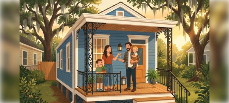Louisiana down payment assistance illustration of a first-time homebuyer family receiving house keys on a Louisiana shotgun-style home porch