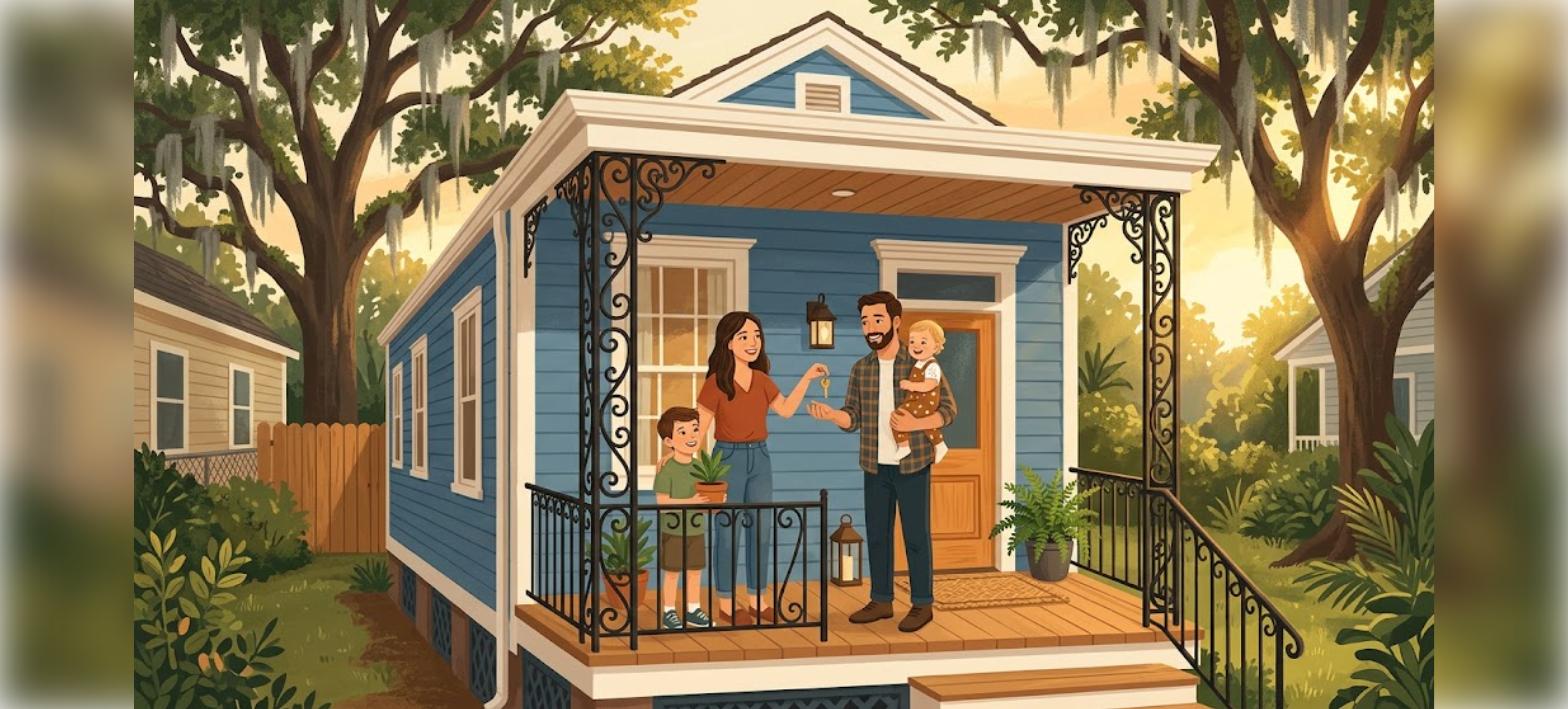 Louisiana down payment assistance illustration of a first-time homebuyer family receiving house keys on a Louisiana shotgun-style home porch