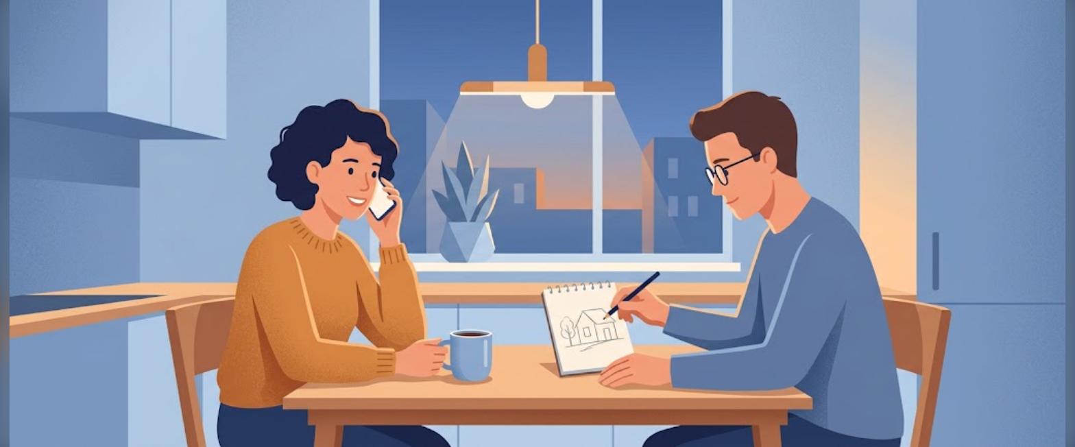 Couple at a kitchen table doing mortgage prequalification before house hunting