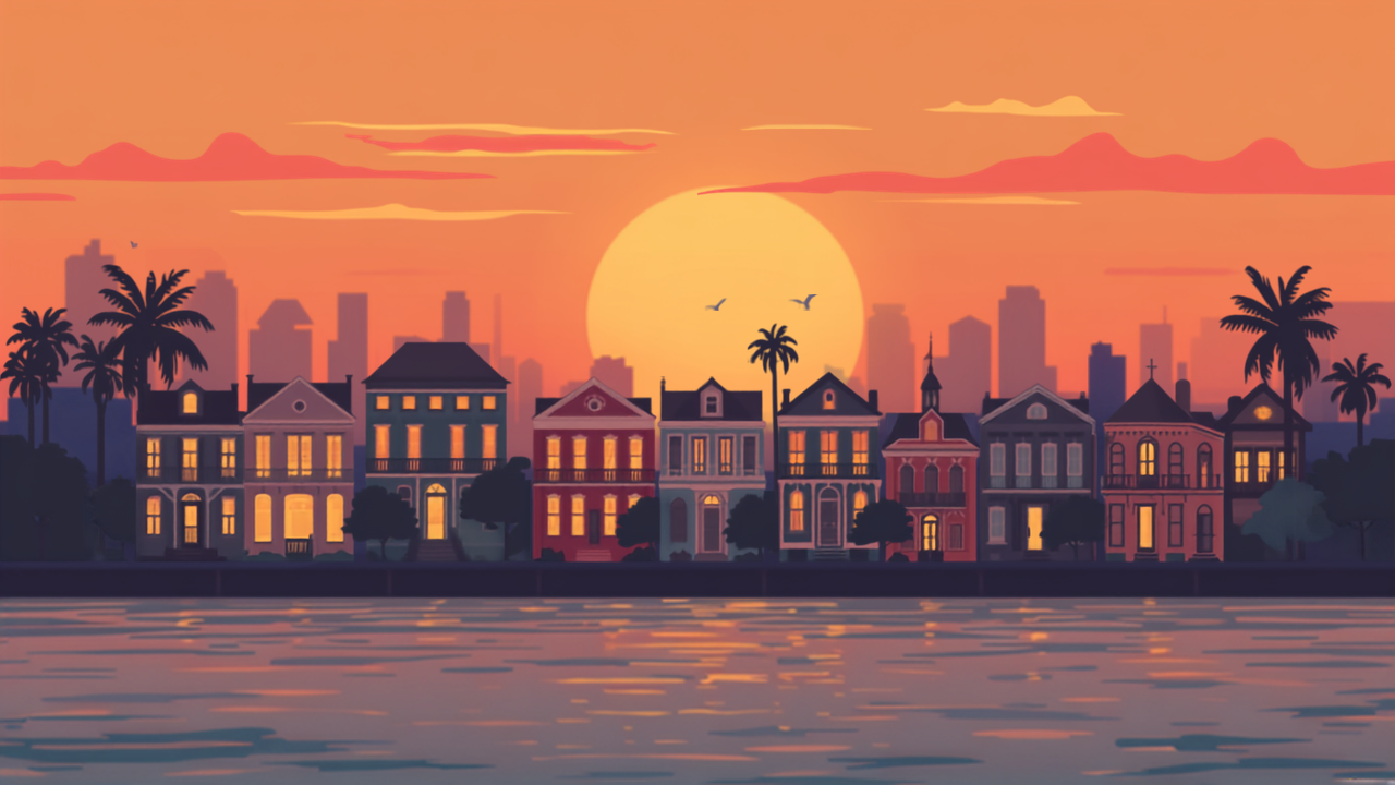 New Orleans LA DSCR loans illustration of shotgun houses and rental properties along the New Orleans riverfront skyline