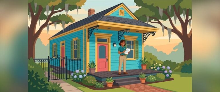 New Orleans FHA appraisal illustration of an inspector reviewing a colorful shotgun house