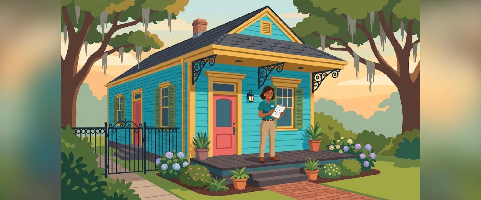 New Orleans FHA appraisal illustration of an inspector reviewing a colorful shotgun house
