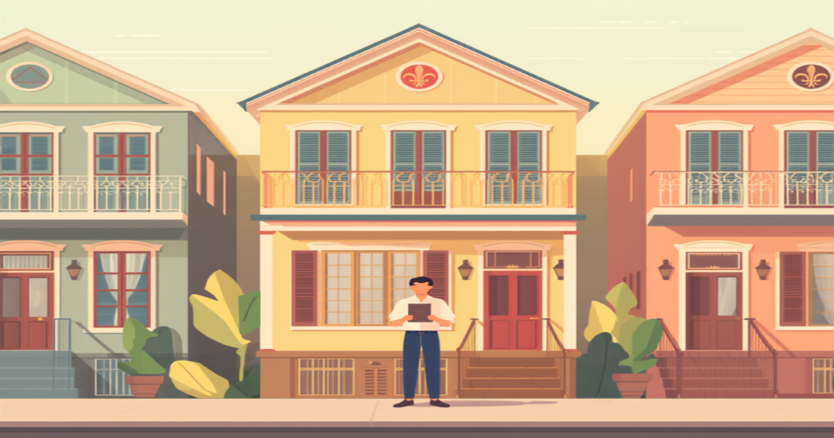 New Orleans FHA insurance illustration of a loan advisor outside colorful New Orleans row houses