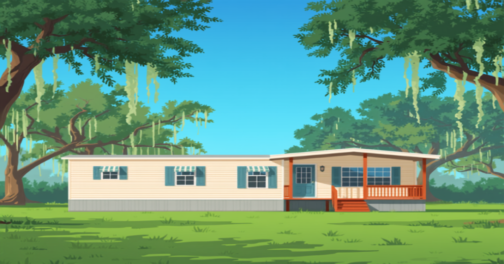 New Orleans FHA manufactured homes illustration of a manufactured house with a covered porch under oak trees with Spanish moss