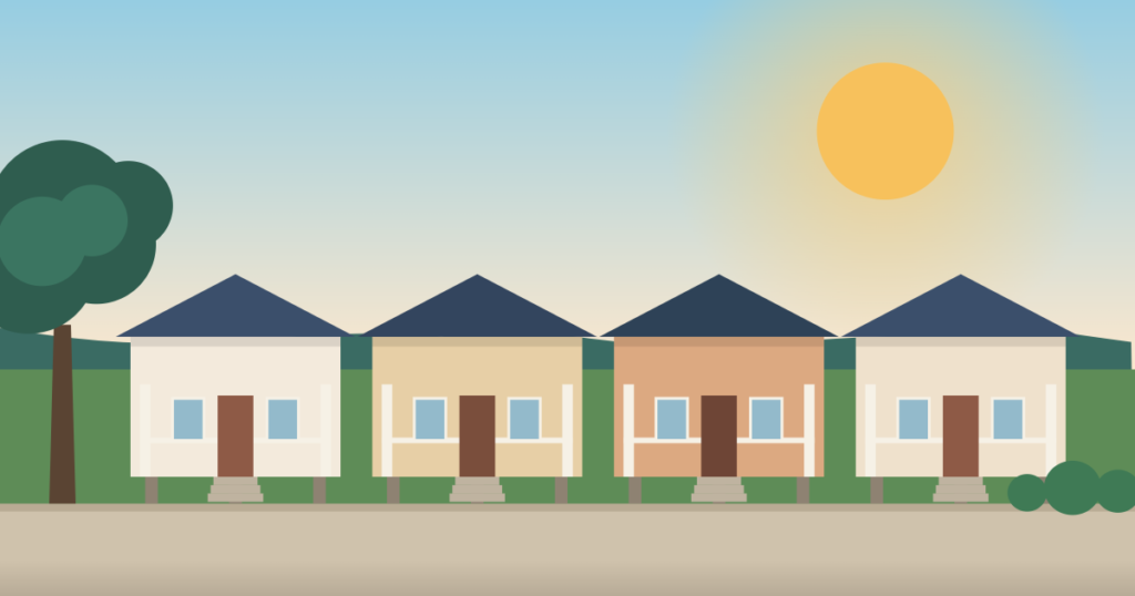 New Orleans VA home loans illustration of raised shotgun style homes on a New Orleans street with a live oak tree