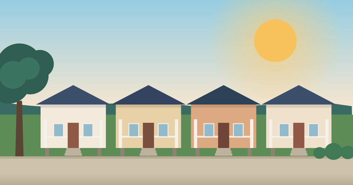 New Orleans VA home loans illustration of raised shotgun style homes on a New Orleans street with a live oak tree