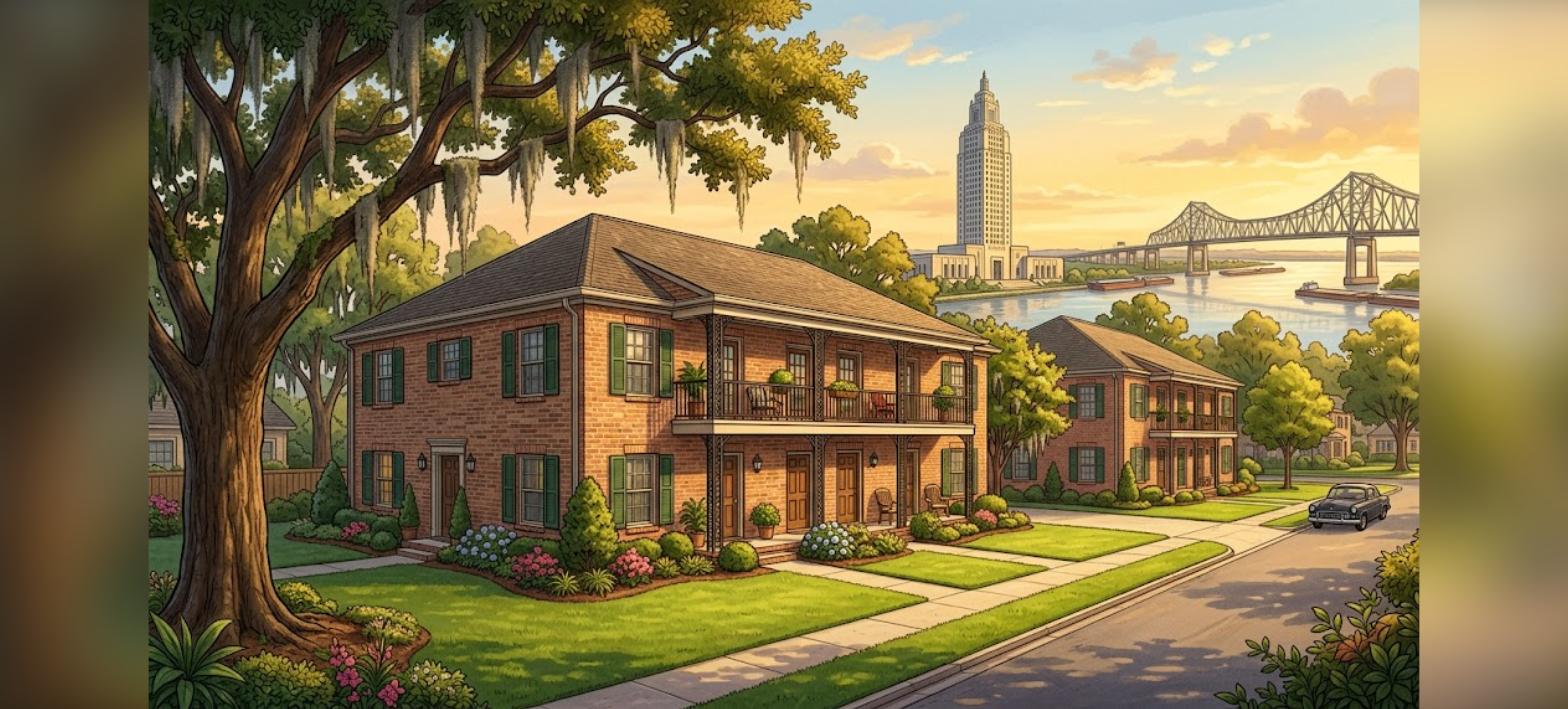 Baton Rouge DSCR 5-10 unit loans illustration of a brick eight-unit apartment building near the State Capitol