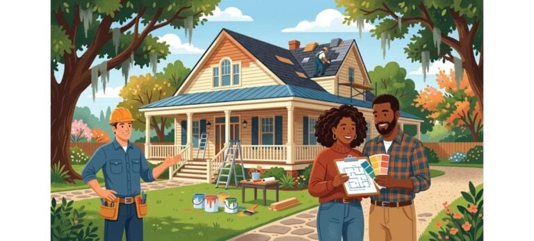 Baton Rouge FHA 203k loans illustration of a couple reviewing renovation plans in front of a house under renovation