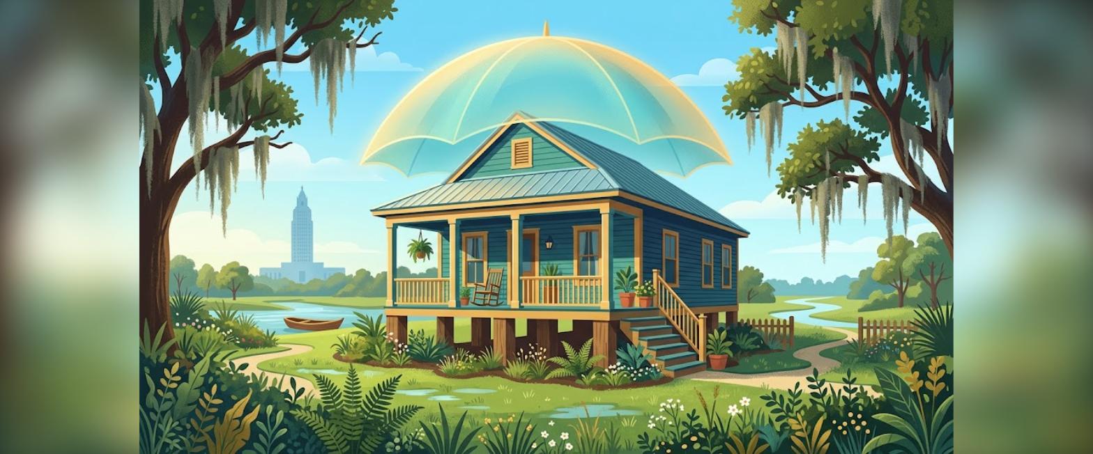 Baton Rouge FHA flood insurance illustration of a raised Louisiana cottage protected by an umbrella