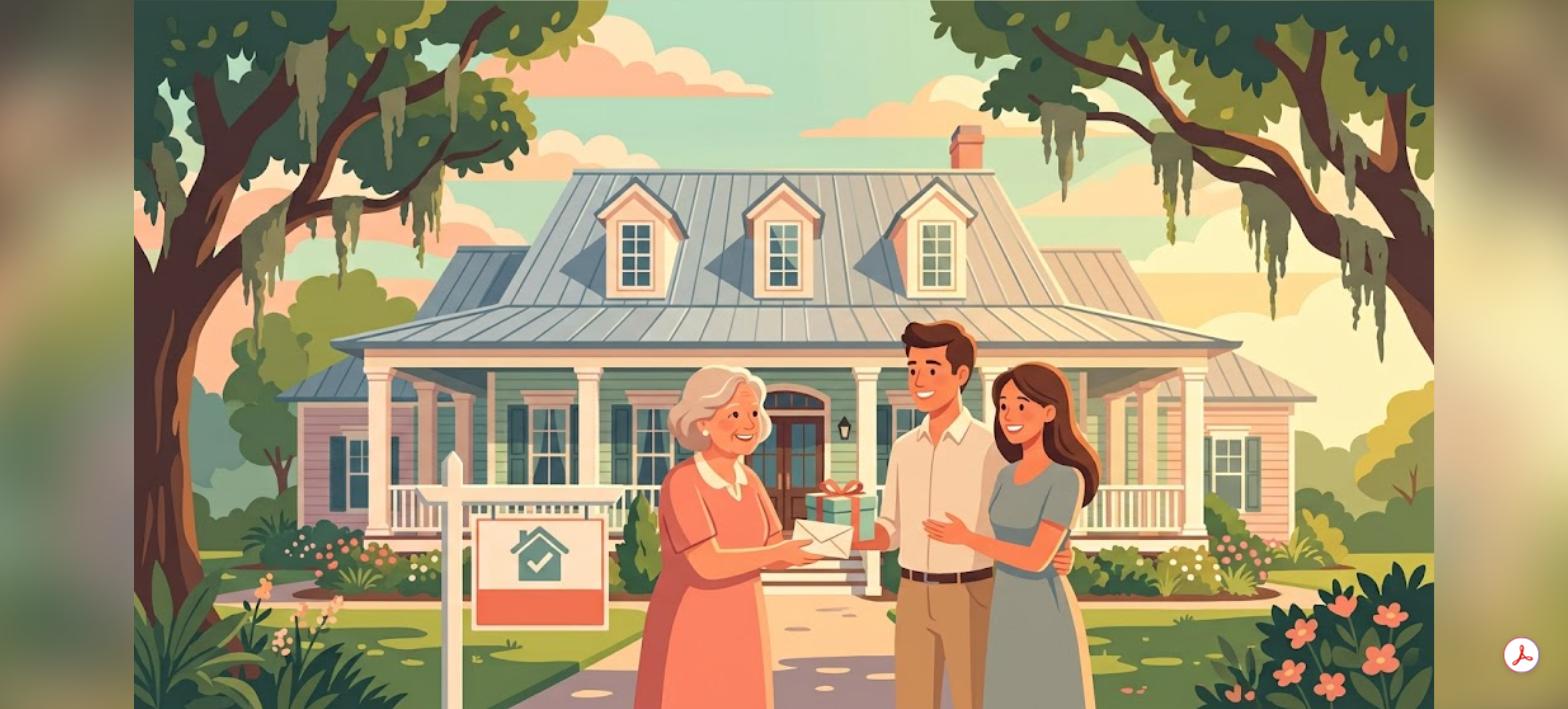 Baton Rouge FHA gift funds illustration of a family gifting a home purchase gift near a Baton Rouge style house