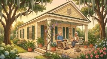 Illustration of a Southern home in Baton Rouge with a senior couple on the porch, representing Baton Rouge HECM loans for homeowners 62 and older