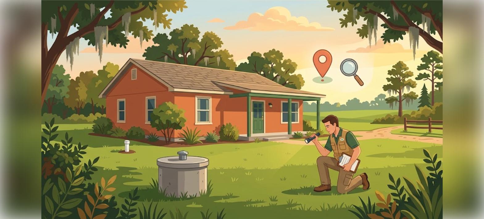Baton Rouge USDA appraisal illustration of a rural Louisiana home with a well, septic system, and home inspector