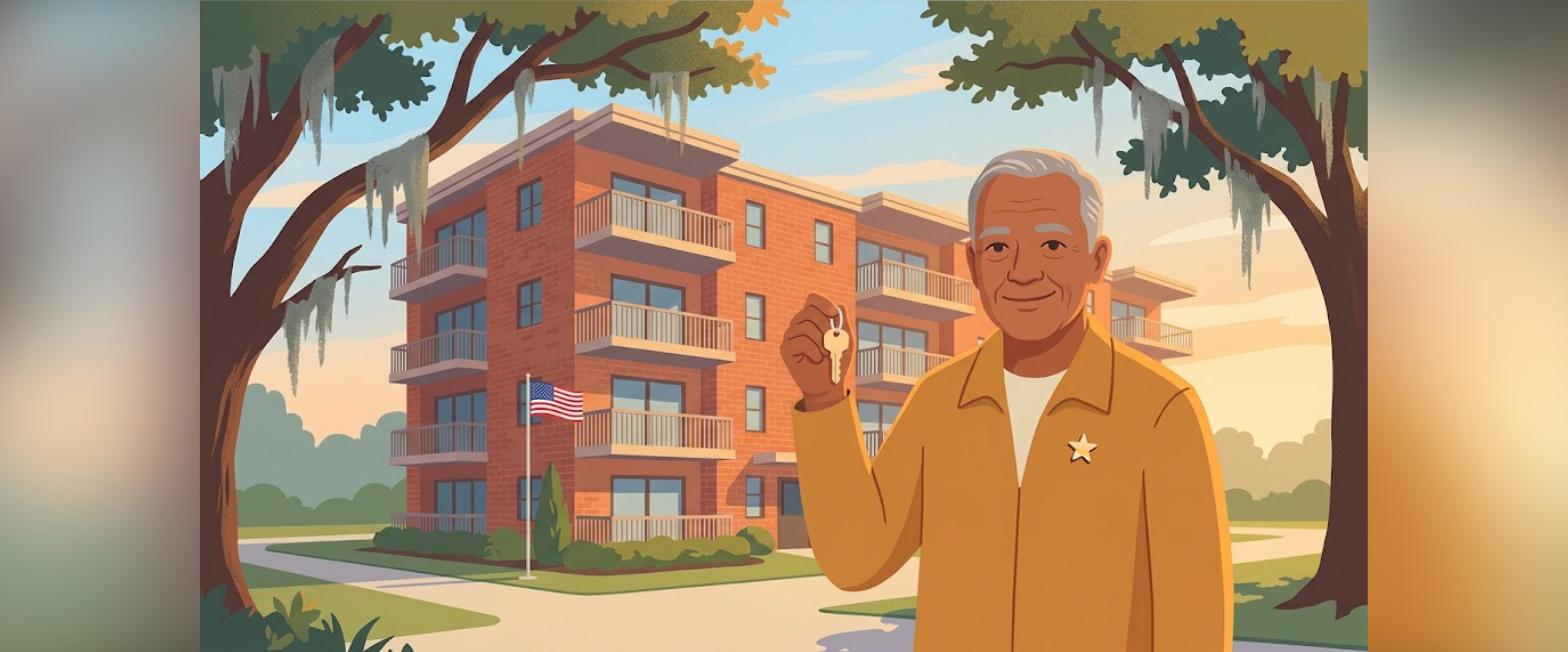 Baton Rouge VA condo loans illustration of a veteran holding house keys in front of a brick condo building with balconies