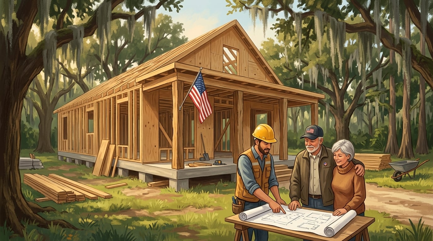 Baton Rouge VA construction loan with land, new home being built on a wooded lot near Baton Rouge