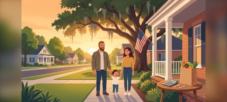 Baton Rouge VA residual income illustration of a veteran family in front of their new Louisiana home with a household budget on the porch