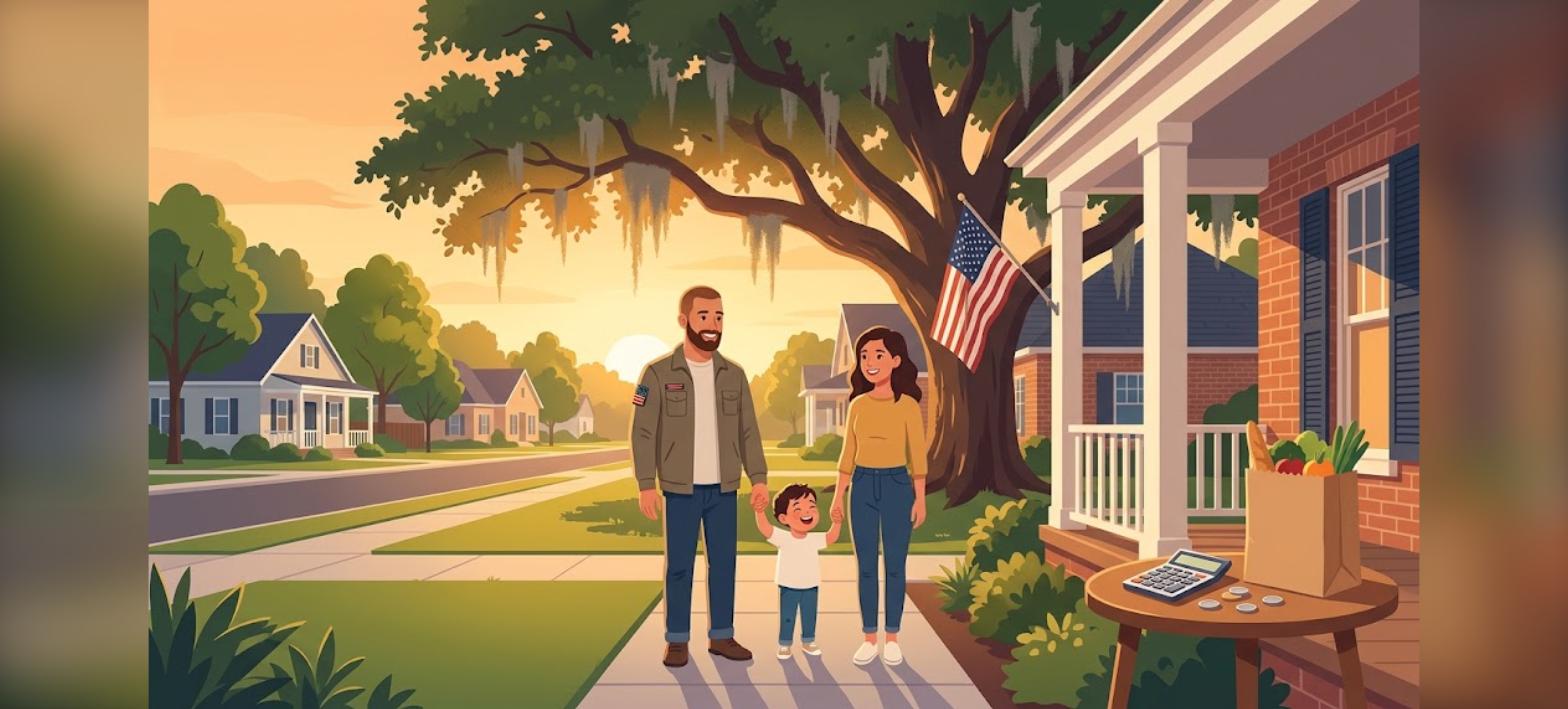 Baton Rouge VA residual income illustration of a veteran family in front of their new Louisiana home with a household budget on the porch