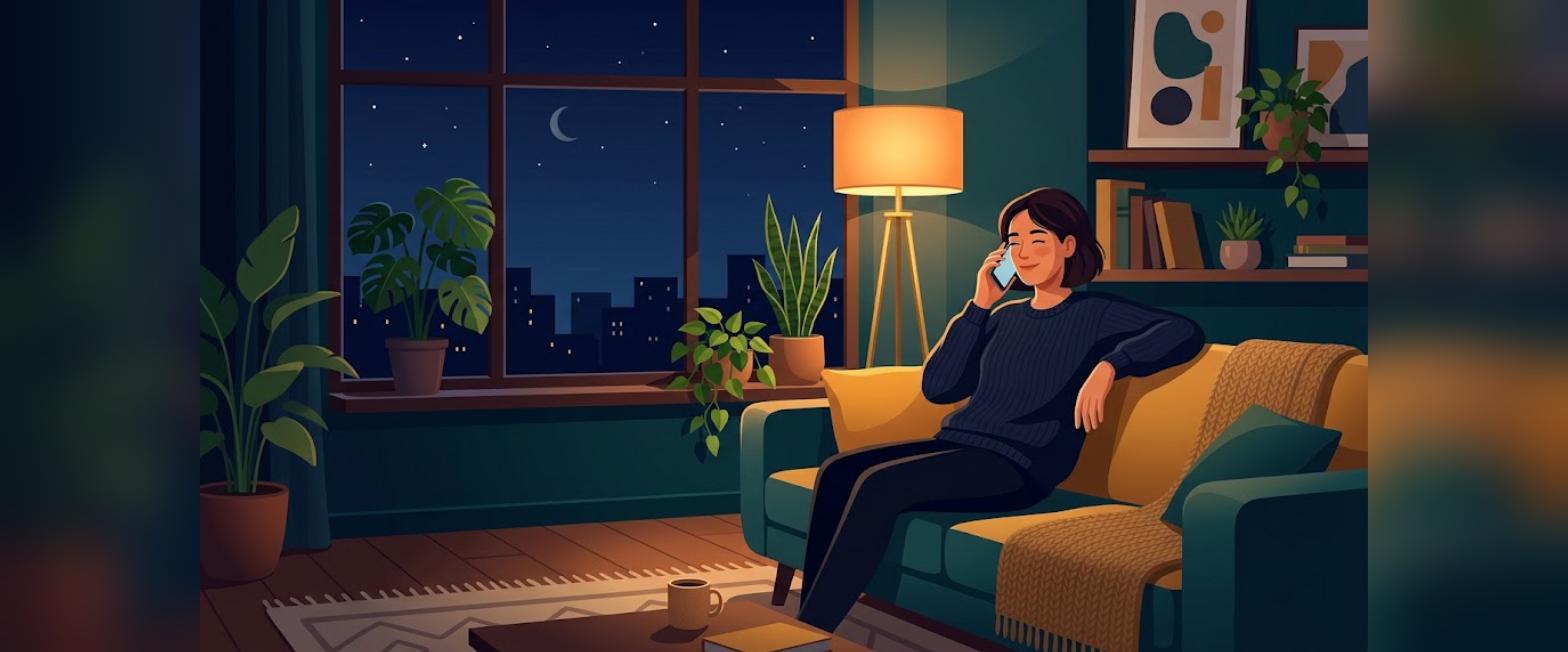 Confidential mortgage prequalification call made late at night from a quiet living room