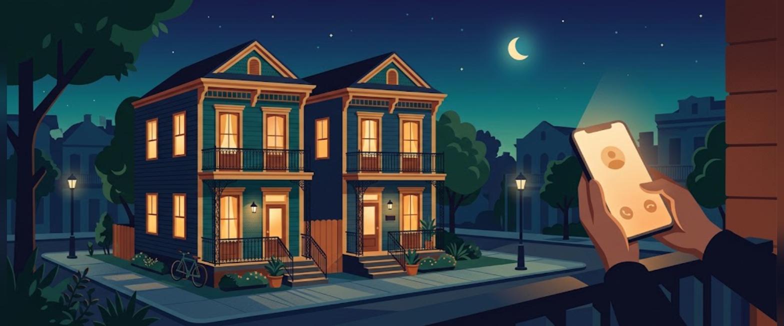 DSCR loan prequalification hotline illustration, New Orleans duplex rental at night with a late night phone call