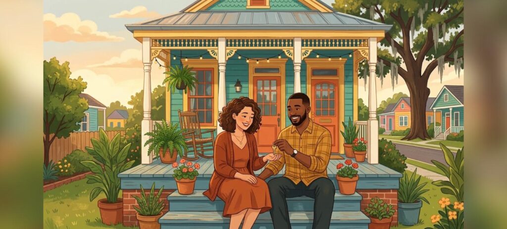 Louisiana first-time homebuyer assistance couple holding house key on porch