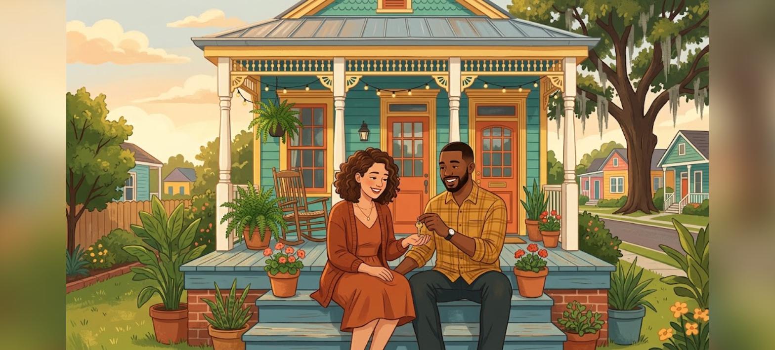Louisiana first-time homebuyer assistance couple holding house key on porch