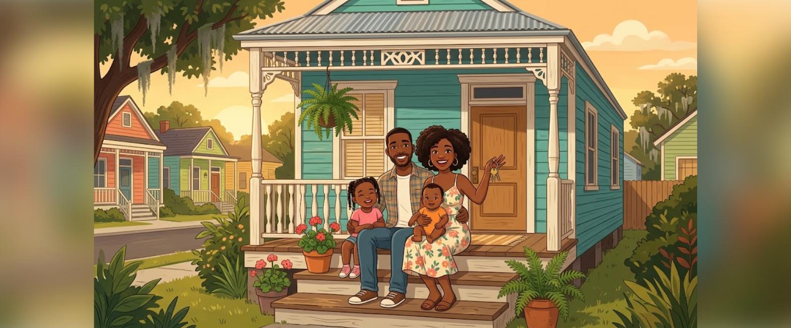 Louisiana first-time homebuyer assistance illustration of a family on their new home porch with house keys