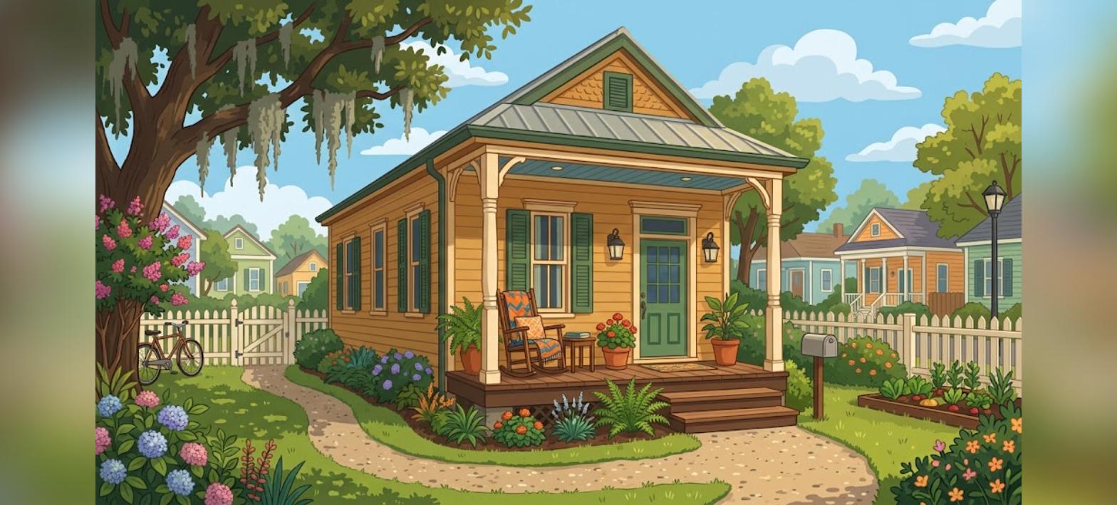 Louisiana first-time homebuyer assistance shotgun house with welcoming front porch