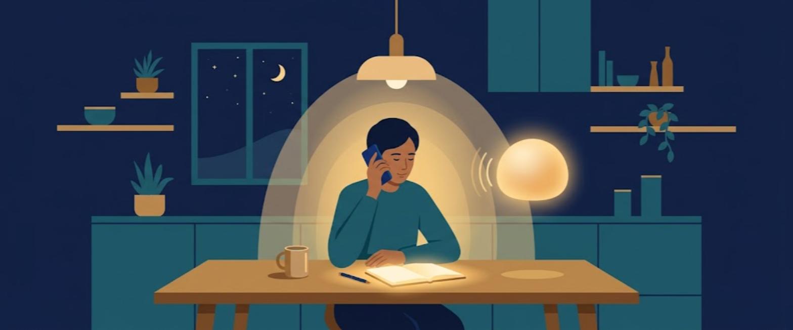 Person on a mortgage prequalification call at night taking notes at a kitchen table